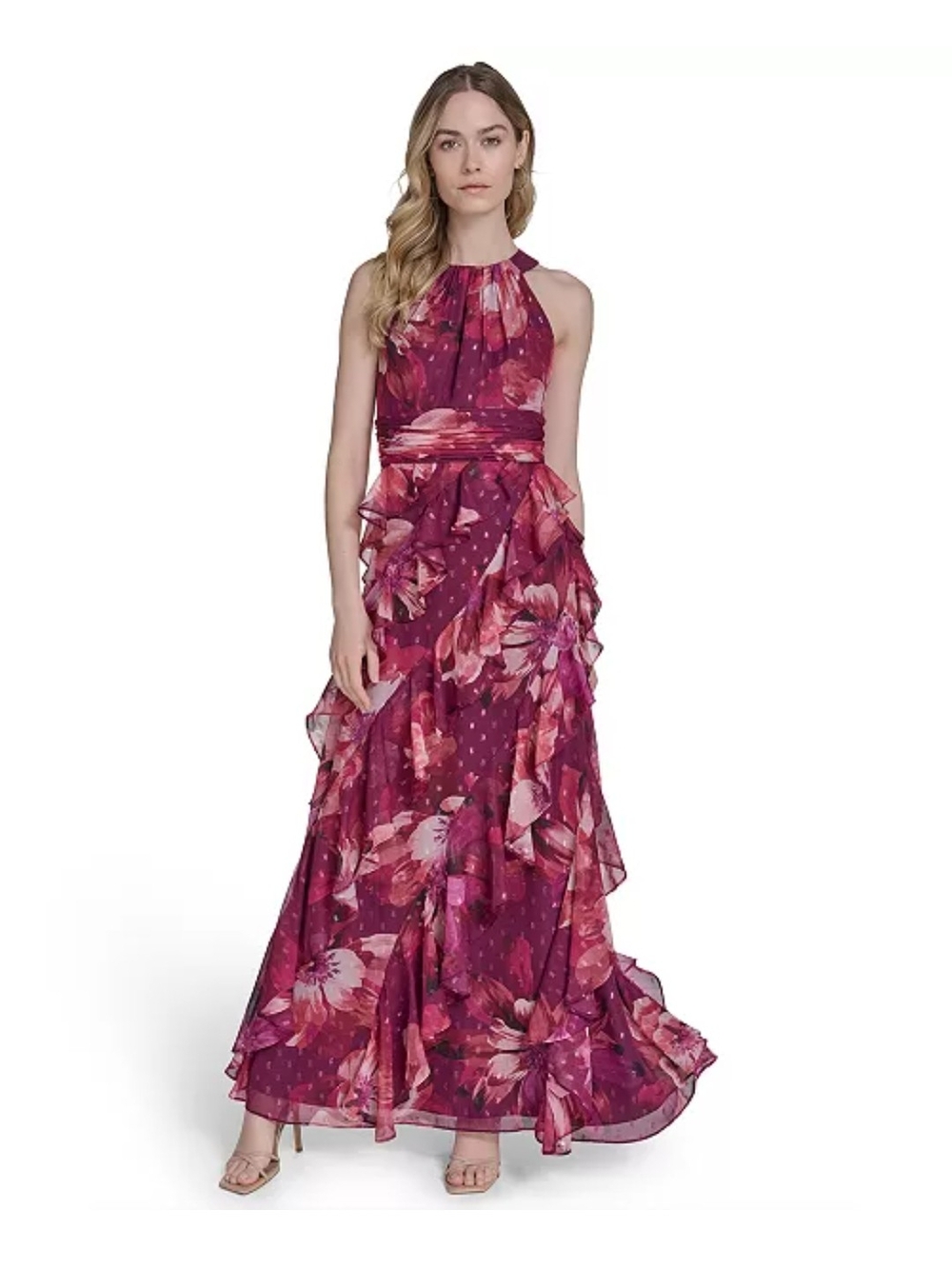 Eliza J Floral Halter Ruffle Maxi Dress - Fuchsia